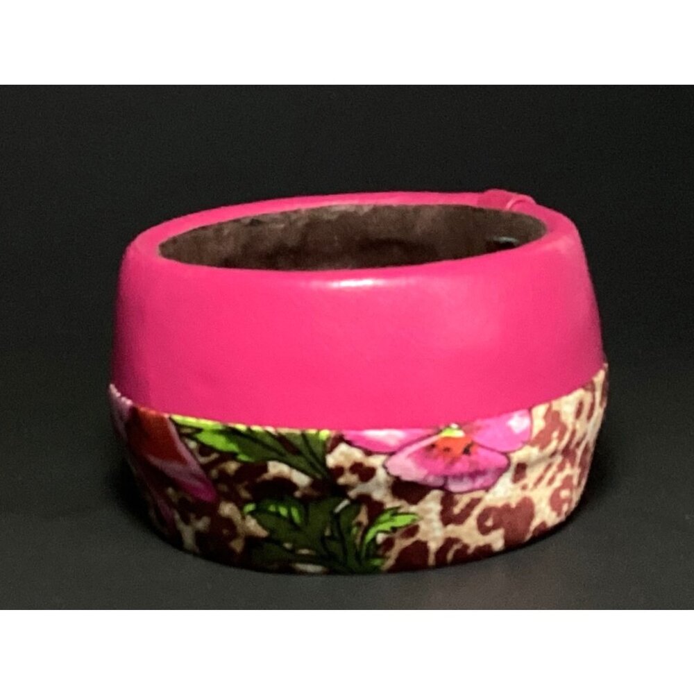 Tasha Chunky Wide Leather and Silk Bangle Bracelet in Pink Floral & Leopardskin - Picture 2 of 7